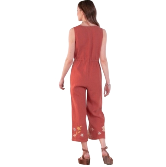 Johhny Was Elia Linen Tie Embroidered Wide-Leg Jumpsuit in Rust Size M - Picture 2 of 9